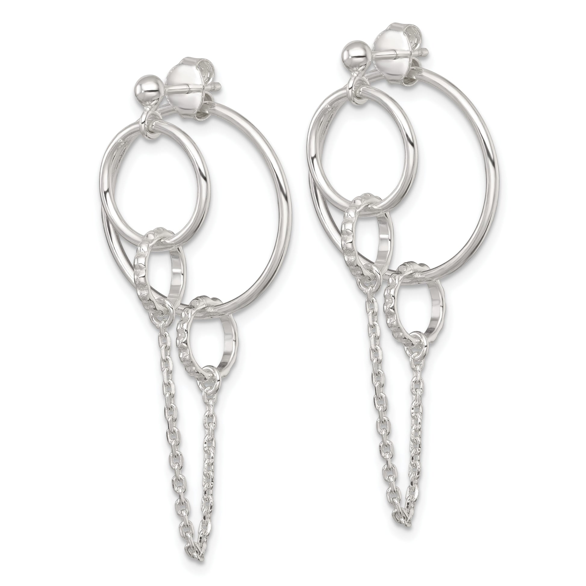 Sterling Silver Polished and Textured Multi Circle and Chain Dangle Post Earrings