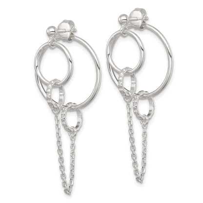 Sterling Silver Polished and Textured Multi Circle and Chain Dangle Post Earrings