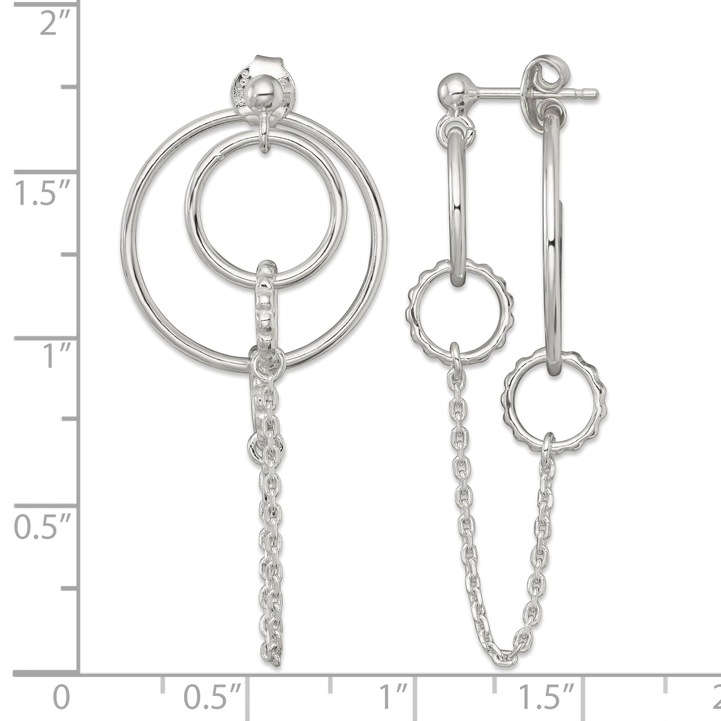 Sterling Silver Polished and Textured Multi Circle and Chain Dangle Post Earrings