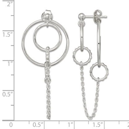 Sterling Silver Polished and Textured Multi Circle and Chain Dangle Post Earrings
