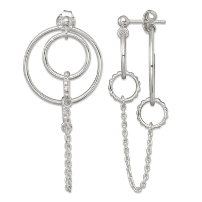 Sterling Silver Polished and Textured Multi Circle and Chain Dangle Post Earrings