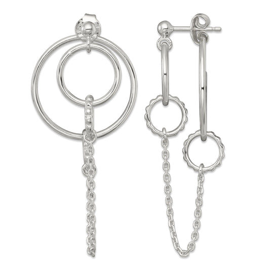 Sterling Silver Polished and Textured Multi Circle and Chain Dangle Post Earrings