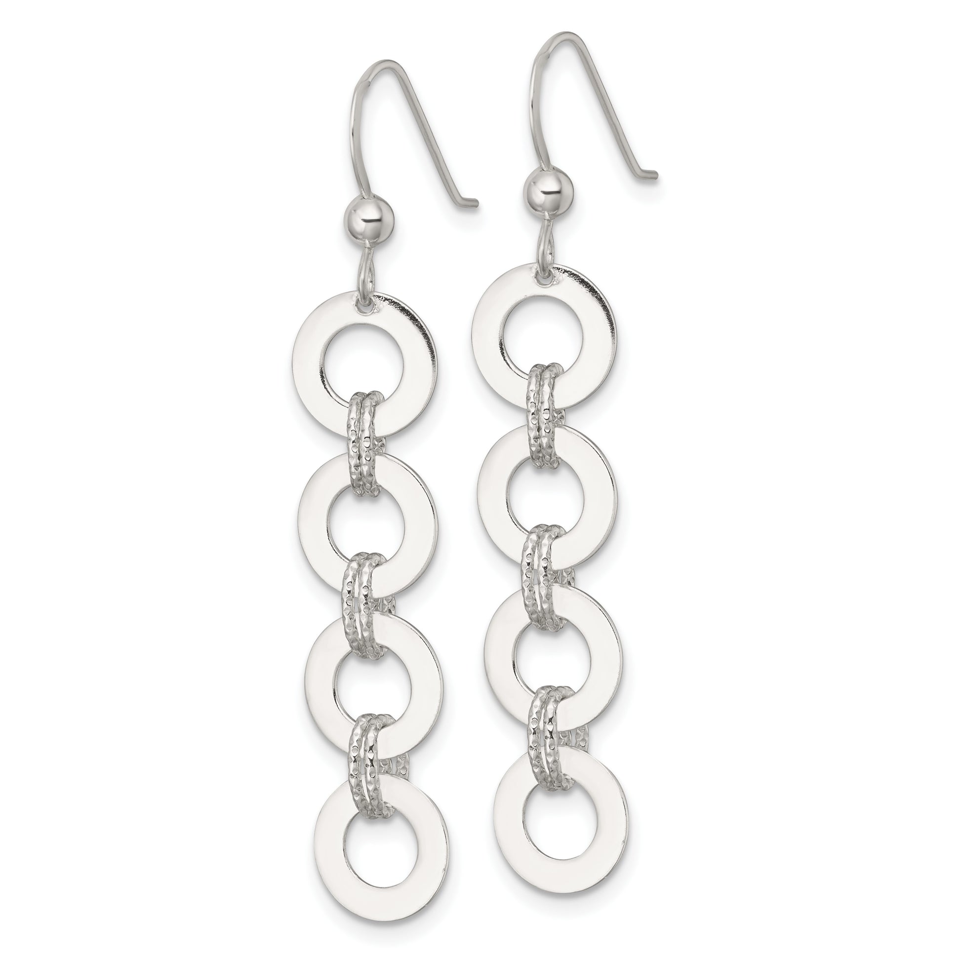Sterling Silver Polished and Textured Four Circles Dangle Shepherd Hook Earrings