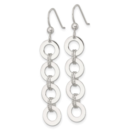 Sterling Silver Polished and Textured Four Circles Dangle Shepherd Hook Earrings