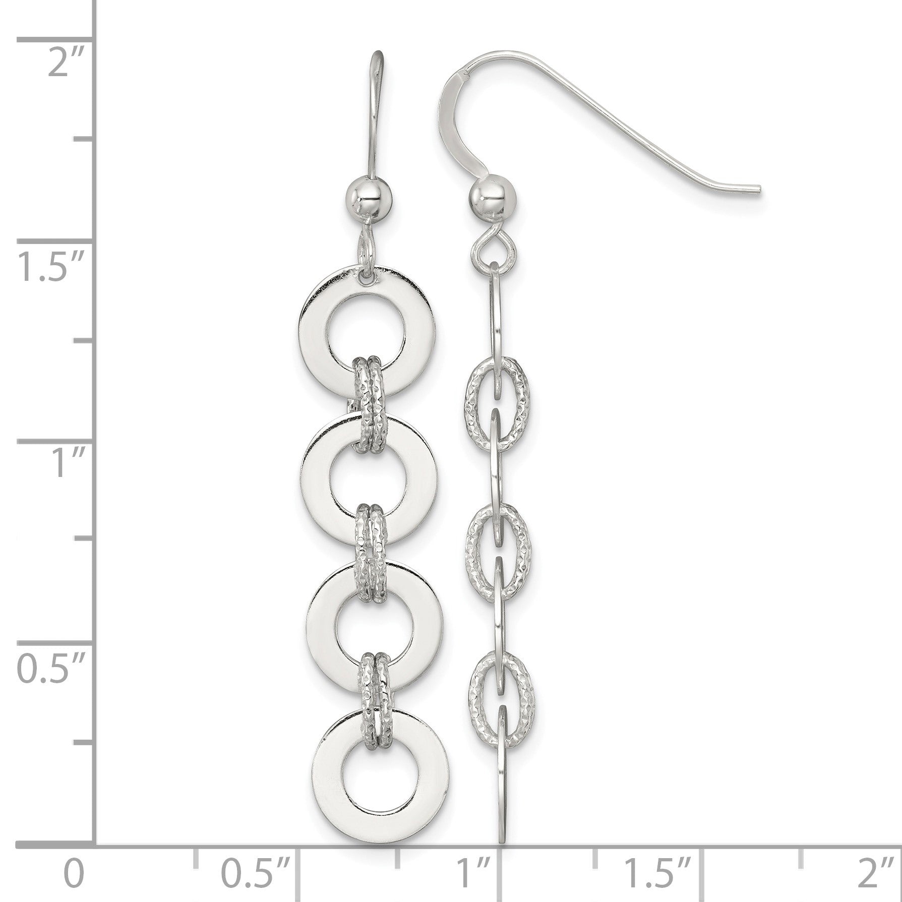 Sterling Silver Polished and Textured Four Circles Dangle Shepherd Hook Earrings