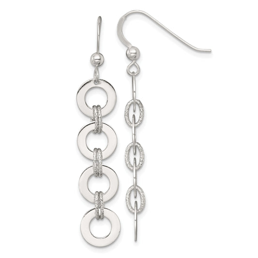 Sterling Silver Polished and Textured Four Circles Dangle Shepherd Hook Earrings