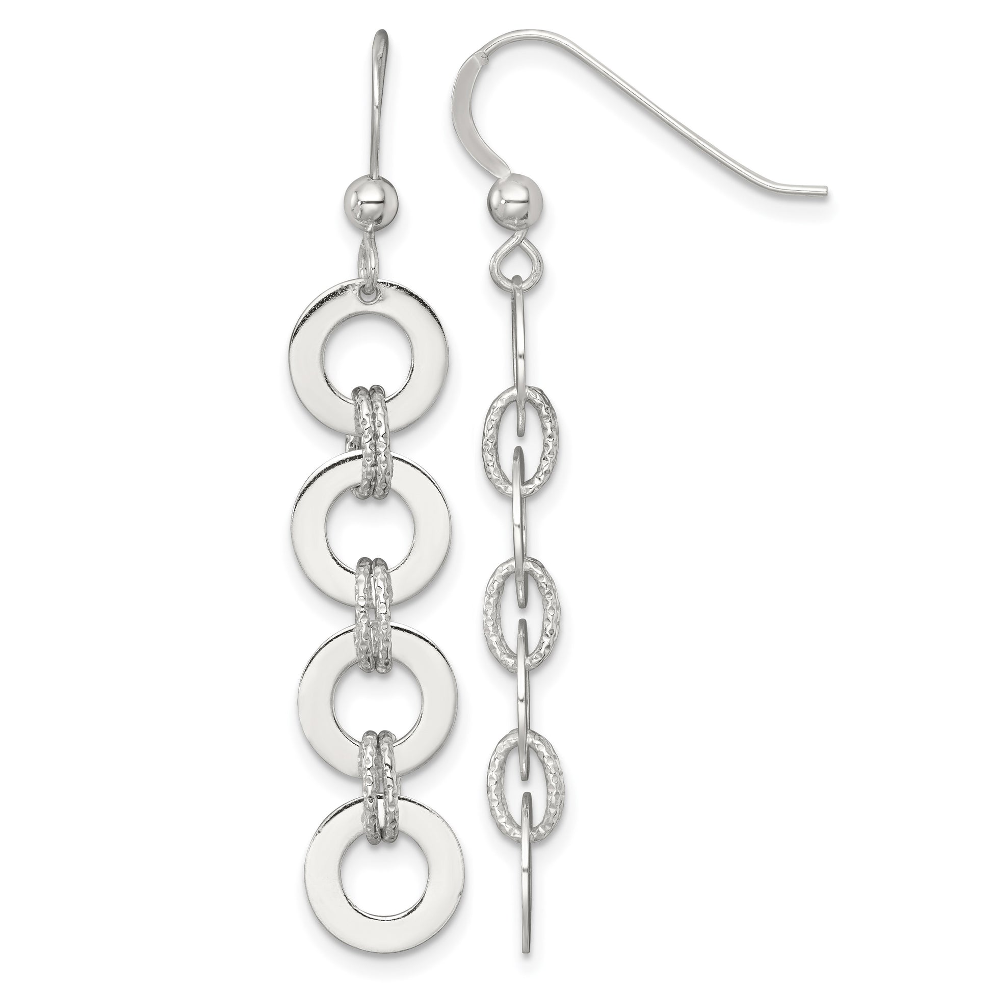 Sterling Silver Polished and Textured Four Circles Dangle Shepherd Hook Earrings