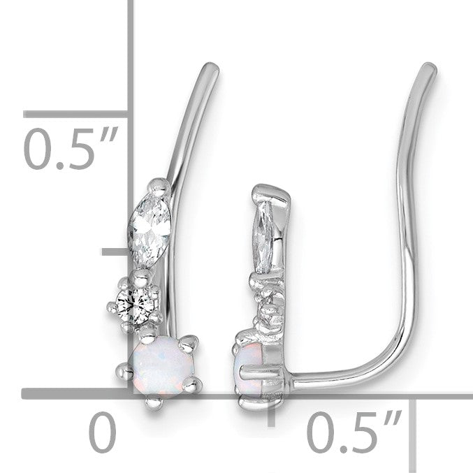 Sterling Silver Rhodium-plated Polished CZ and Lab Created Opal Ear Climber Earrings