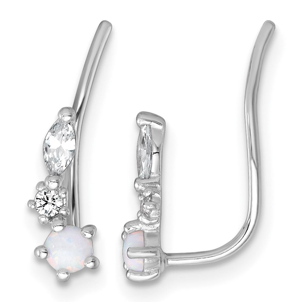 Sterling Silver Rhodium-plated Polished CZ and Lab Created Opal Ear Climber Earrings