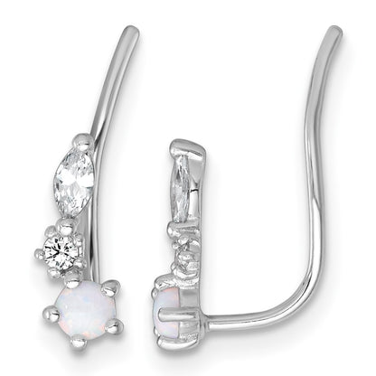 Sterling Silver Rhodium-plated Polished CZ and Lab Created Opal Ear Climber Earrings