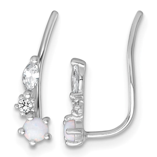 Sterling Silver Rhodium-plated Polished CZ and Lab Created Opal Ear Climber Earrings