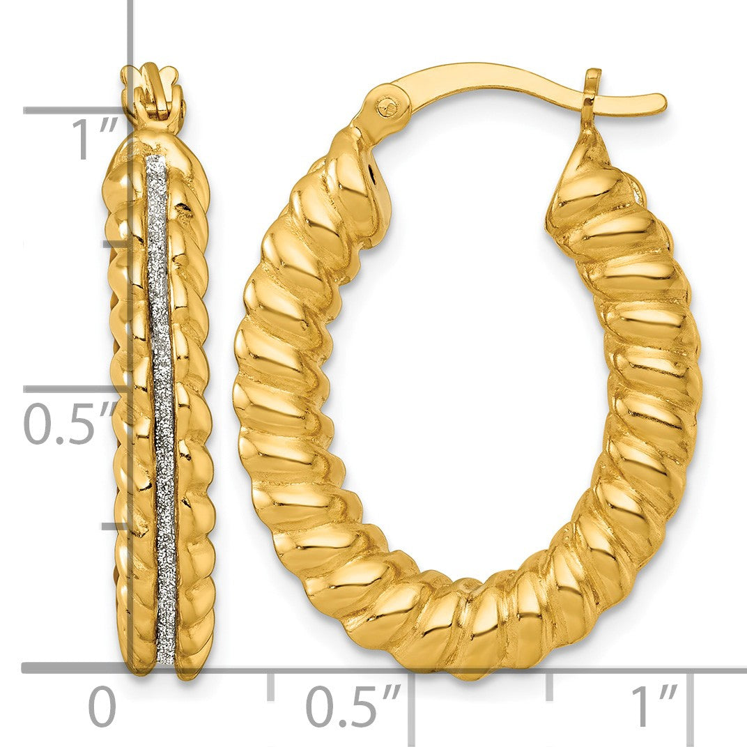 Sterling Silver Gold-tone Polished and Twisted Glitter Oval Hoop Earrings