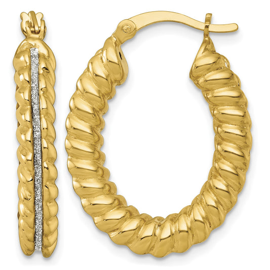 Sterling Silver Gold-tone Polished and Twisted Glitter Oval Hoop Earrings