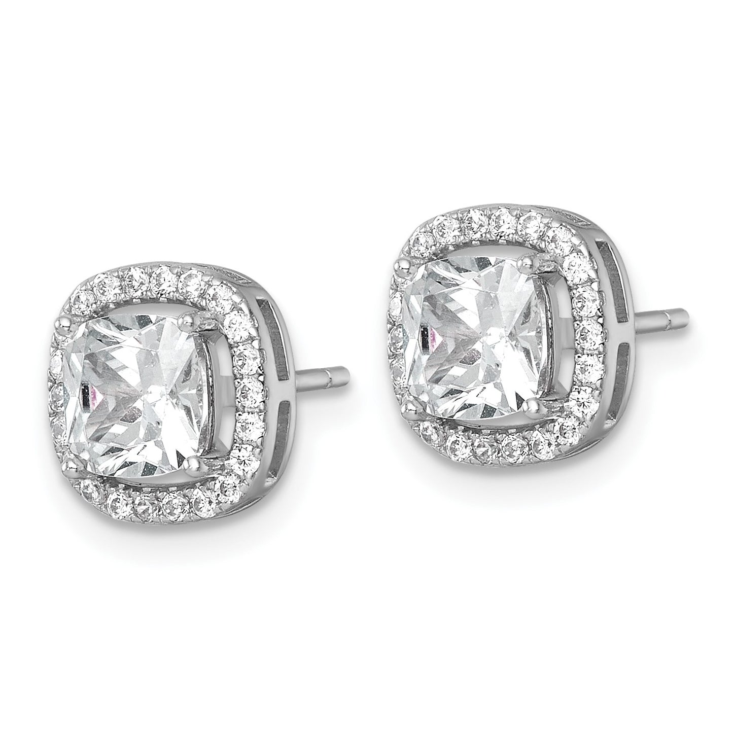 Sterling Silver Rhodium-plated Polished 10.0mm Cushion CZ Halo Post Earrings