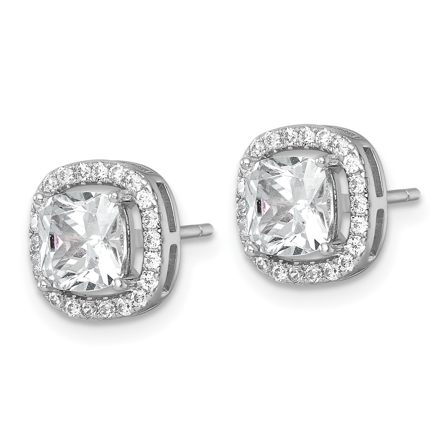 Sterling Silver Rhodium-plated Polished 10.0mm Cushion CZ Halo Post Earrings