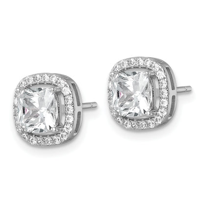 Sterling Silver Rhodium-plated Polished 10.0mm Cushion CZ Halo Post Earrings