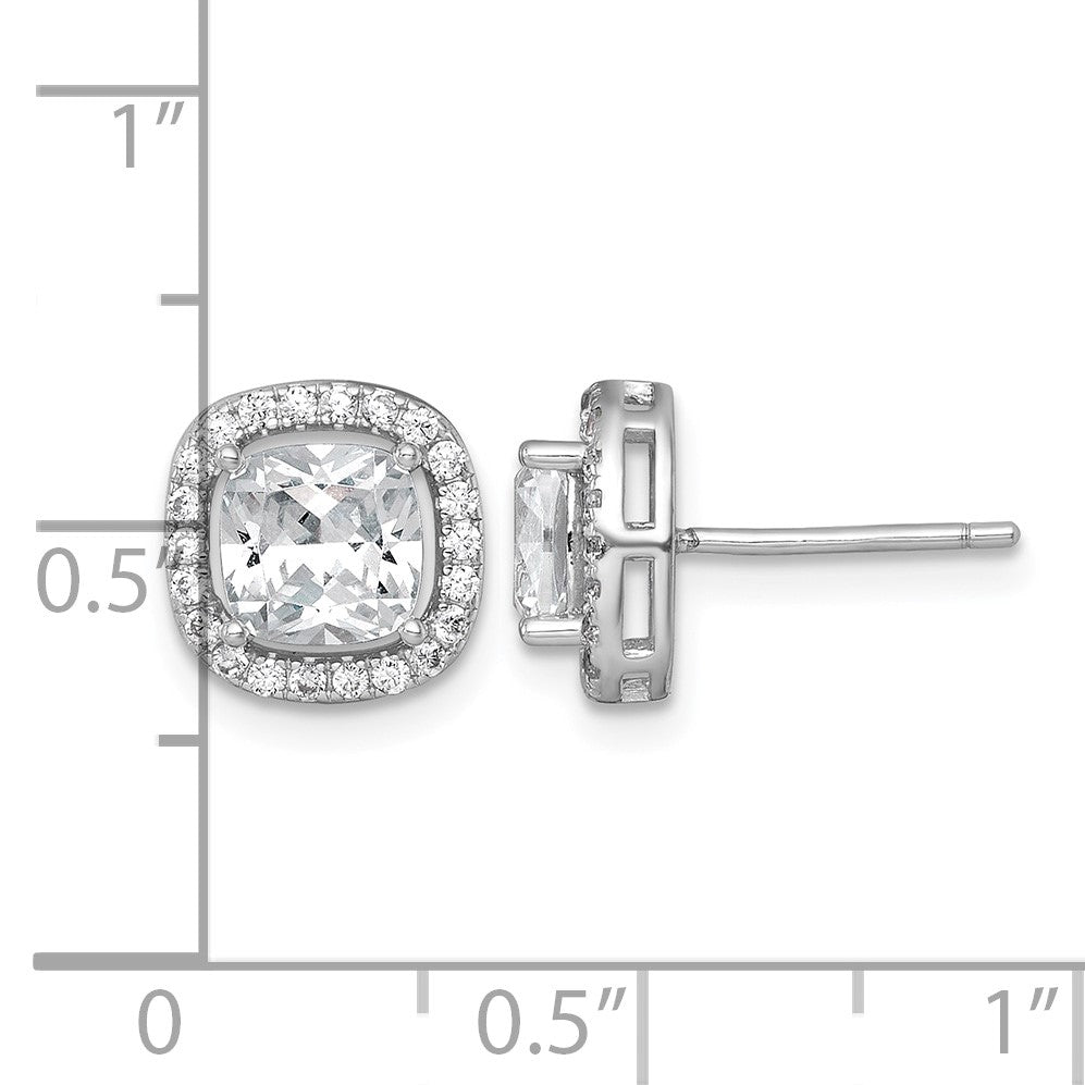 Sterling Silver Rhodium-plated Polished 10.0mm Cushion CZ Halo Post Earrings