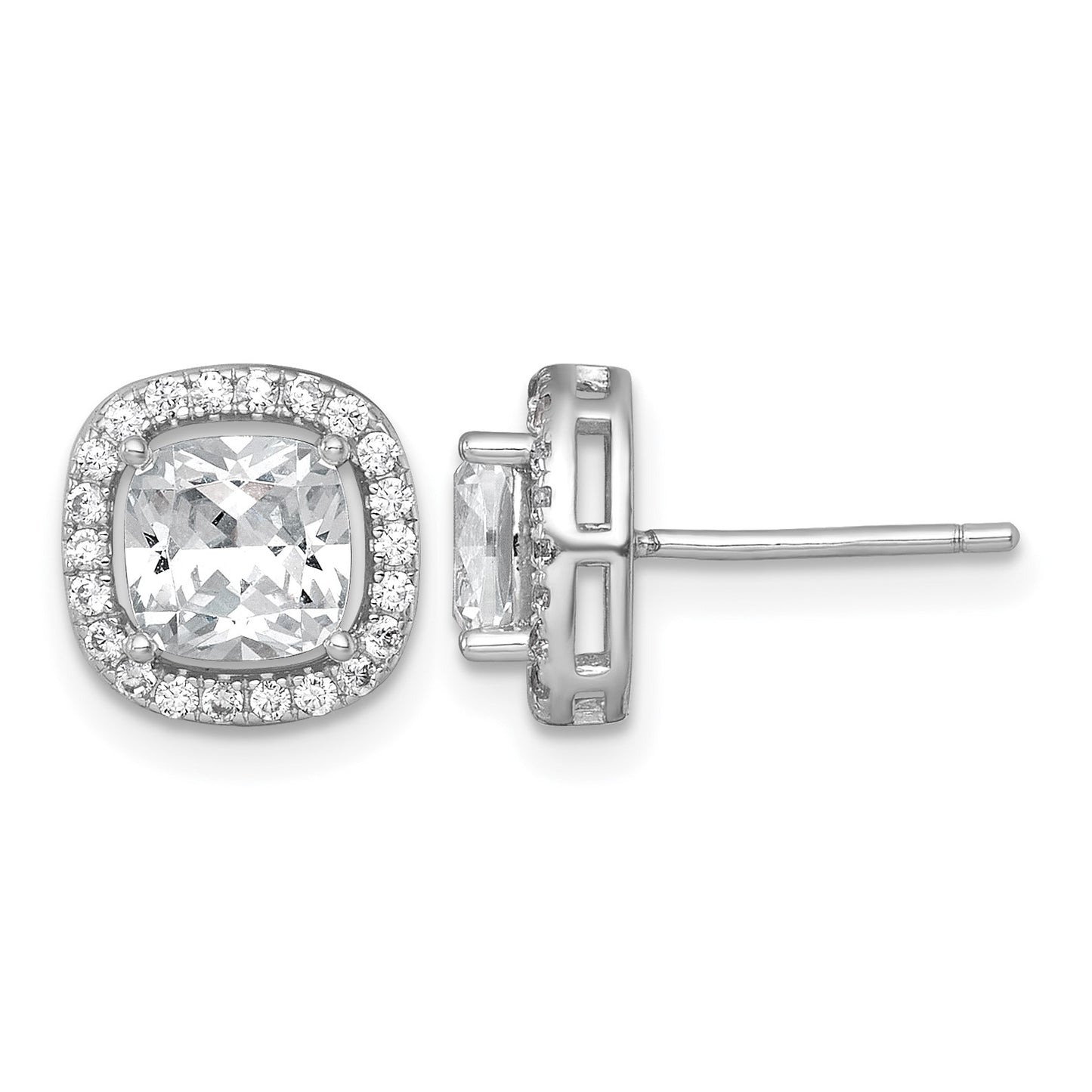 Sterling Silver Rhodium-plated Polished 10.0mm Cushion CZ Halo Post Earrings