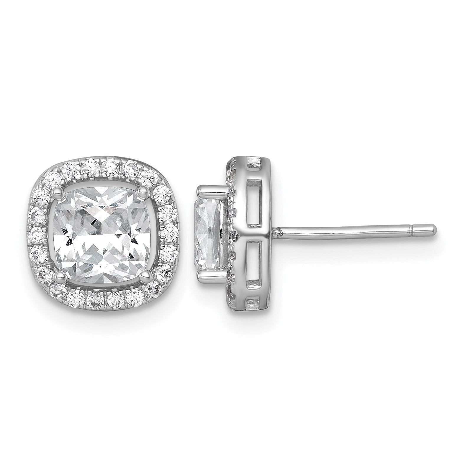 Sterling Silver Rhodium-plated Polished 10.0mm Cushion CZ Halo Post Earrings