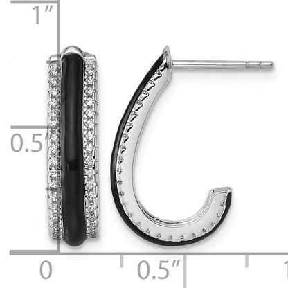 Sterling Silver Rhodium-plated CZ with Black Enamel J-Hoop Post Earrings