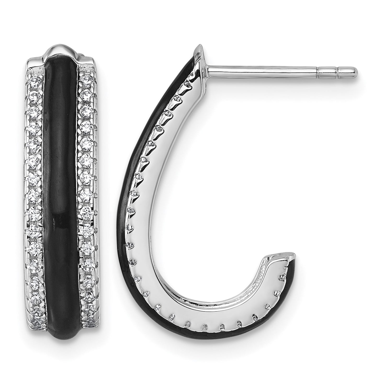 Sterling Silver Rhodium-plated CZ with Black Enamel J-Hoop Post Earrings