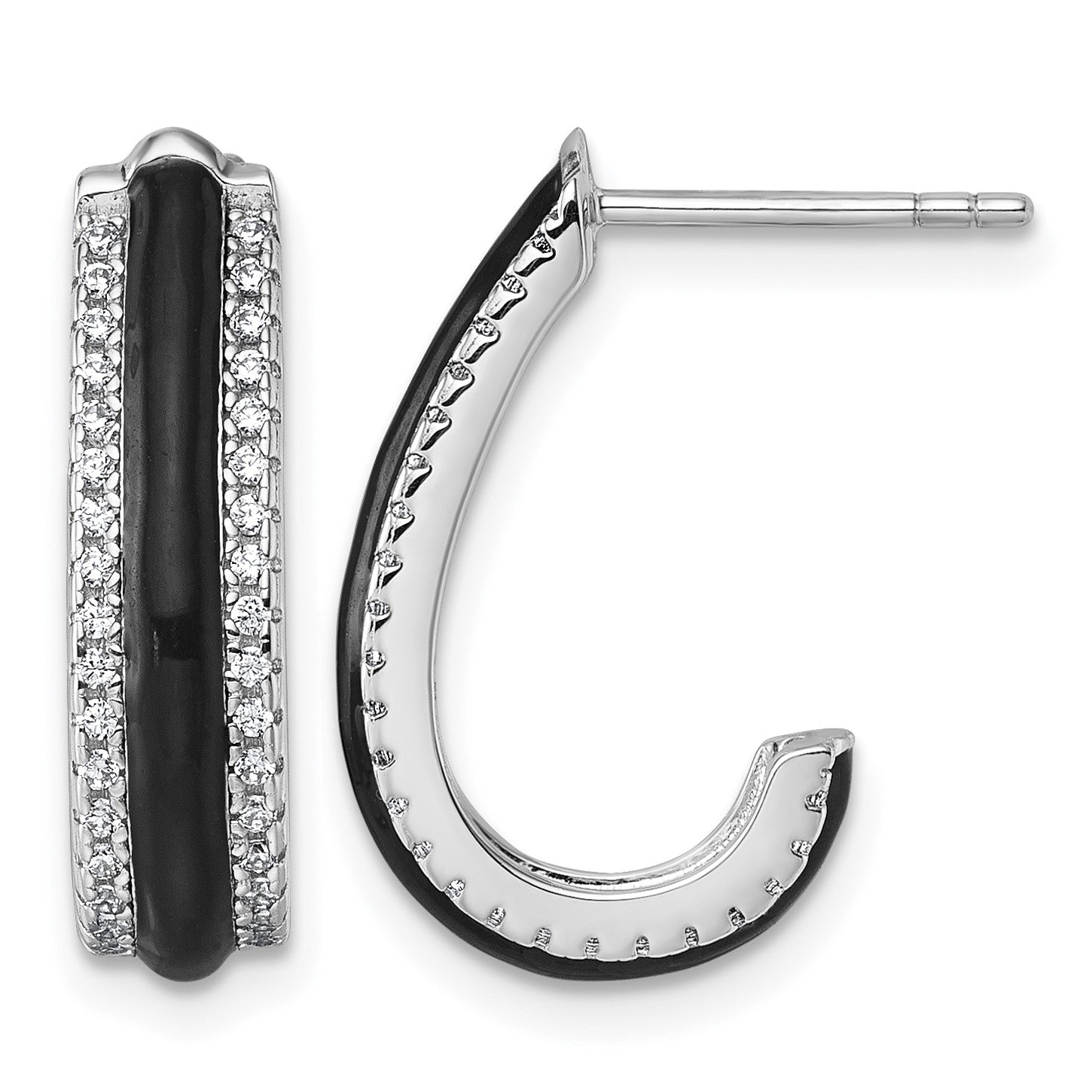 Sterling Silver Rhodium-plated CZ with Black Enamel J-Hoop Post Earrings