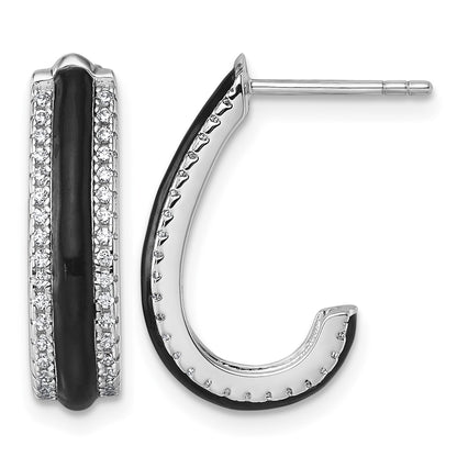 Sterling Silver Rhodium-plated CZ with Black Enamel J-Hoop Post Earrings