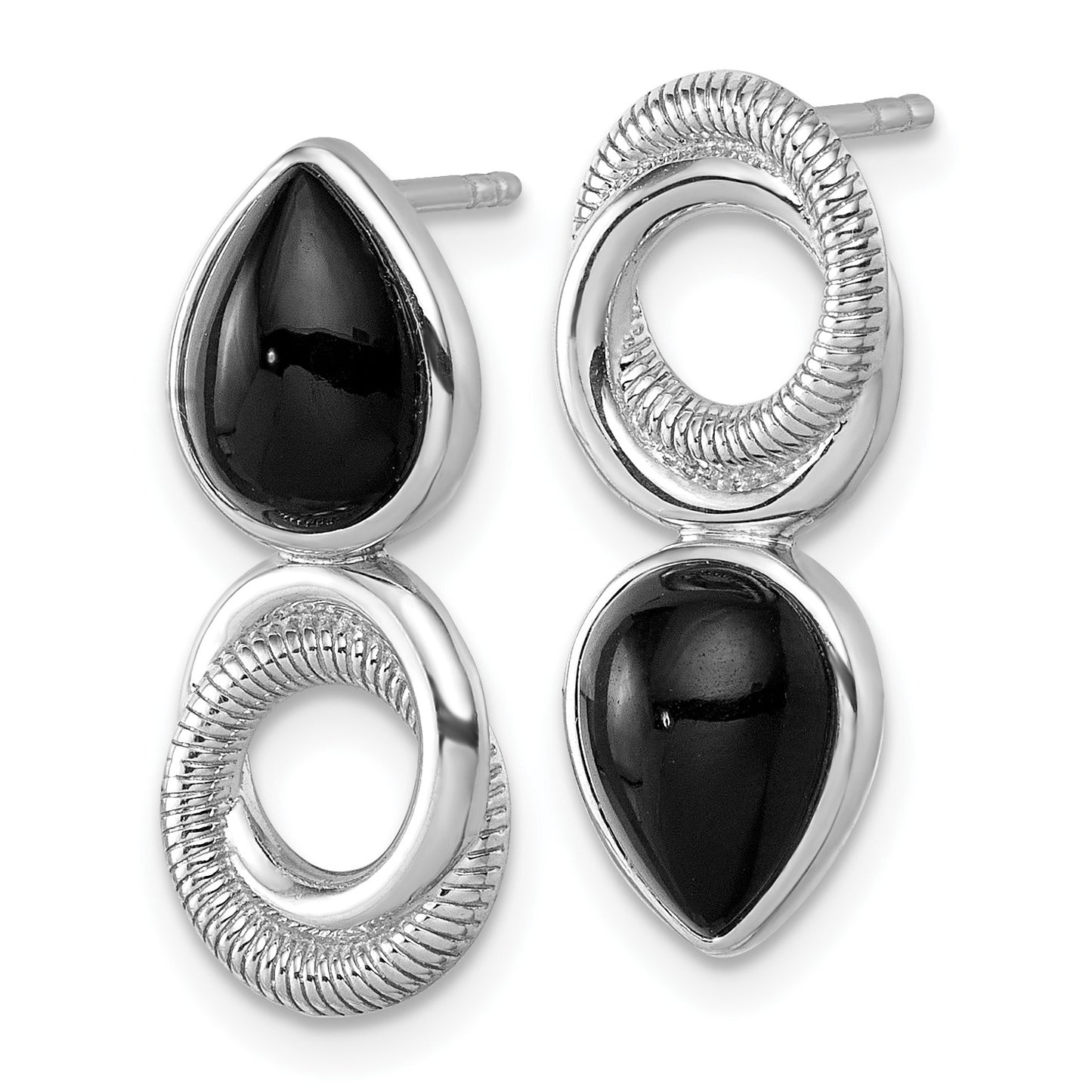 Sterling Silver Rhodium-plated Polished Black Agate Teardrop and Circle Mis-Matched Post Earrings
