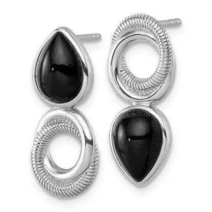 Sterling Silver Rhodium-plated Polished Black Agate Teardrop and Circle Mis-Matched Post Earrings