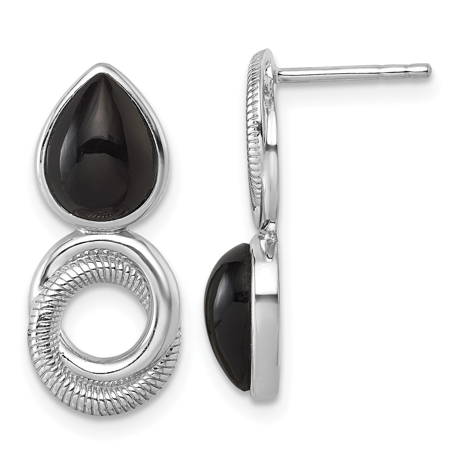 Sterling Silver Rhodium-plated Polished Black Agate Teardrop and Circle Mis-Matched Post Earrings