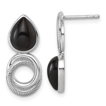 Sterling Silver Rhodium-plated Polished Black Agate Teardrop and Circle Mis-Matched Post Earrings