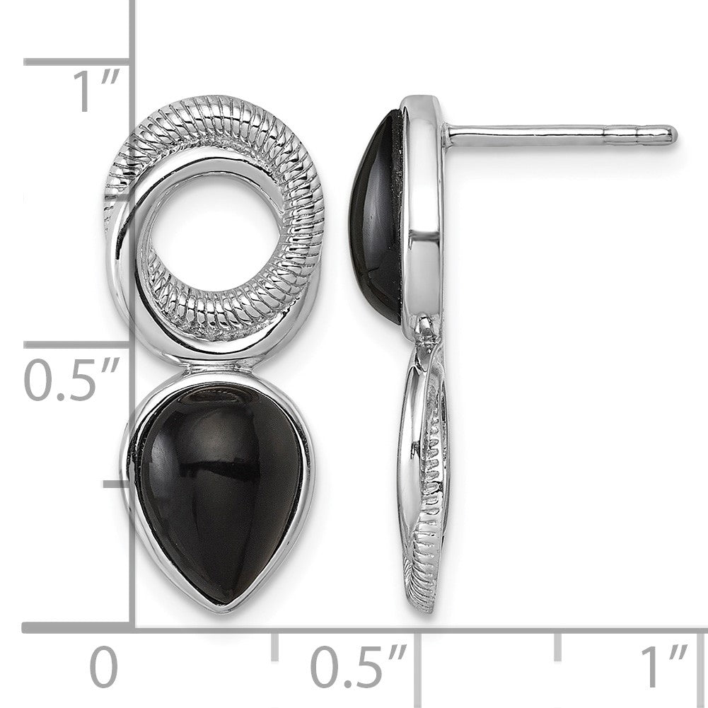 Sterling Silver Rhodium-plated Polished Black Agate Teardrop and Circle Mis-Matched Post Earrings