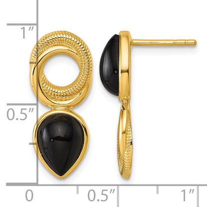Sterling Silver Gold-tone Polished Black Agate Teardrop and Circle Mis-Matched Post Earrings