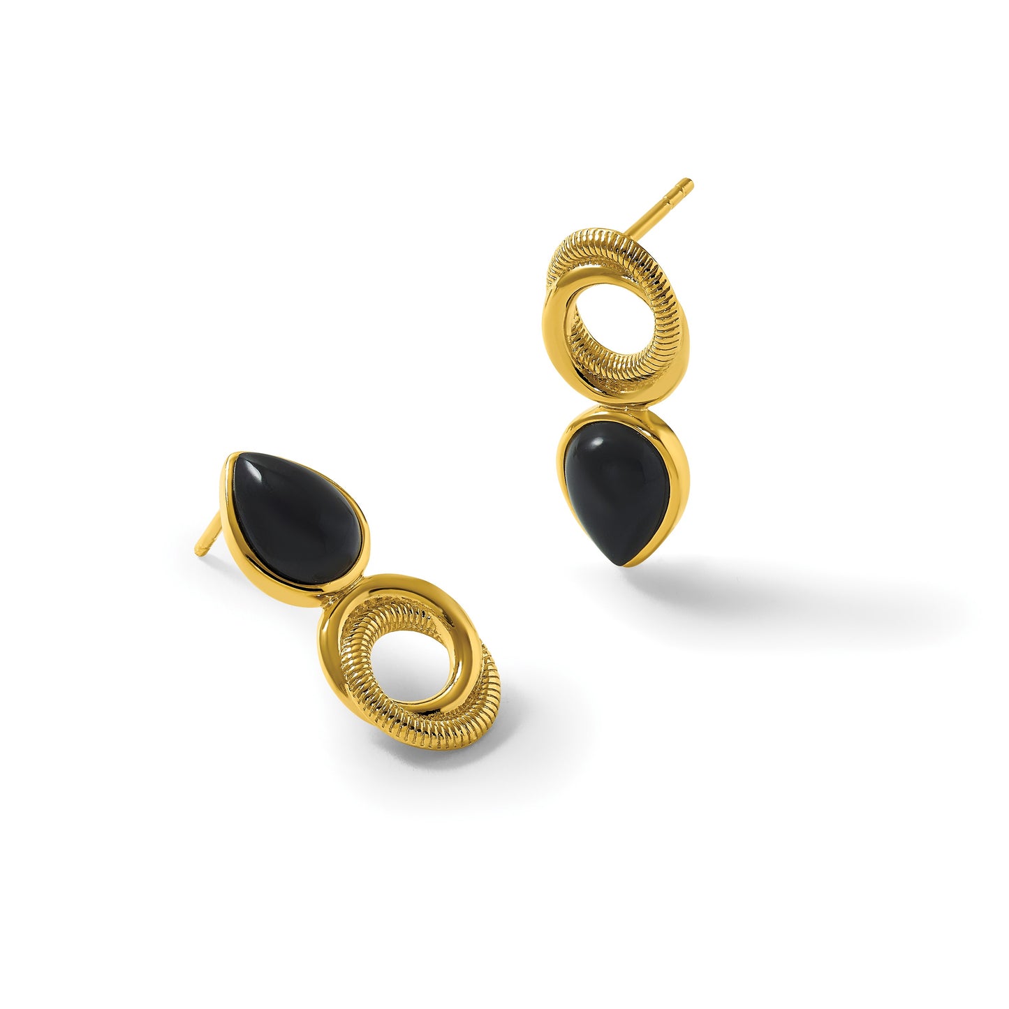 Sterling Silver Gold-tone Polished Black Agate Teardrop and Circle Mis-Matched Post Earrings
