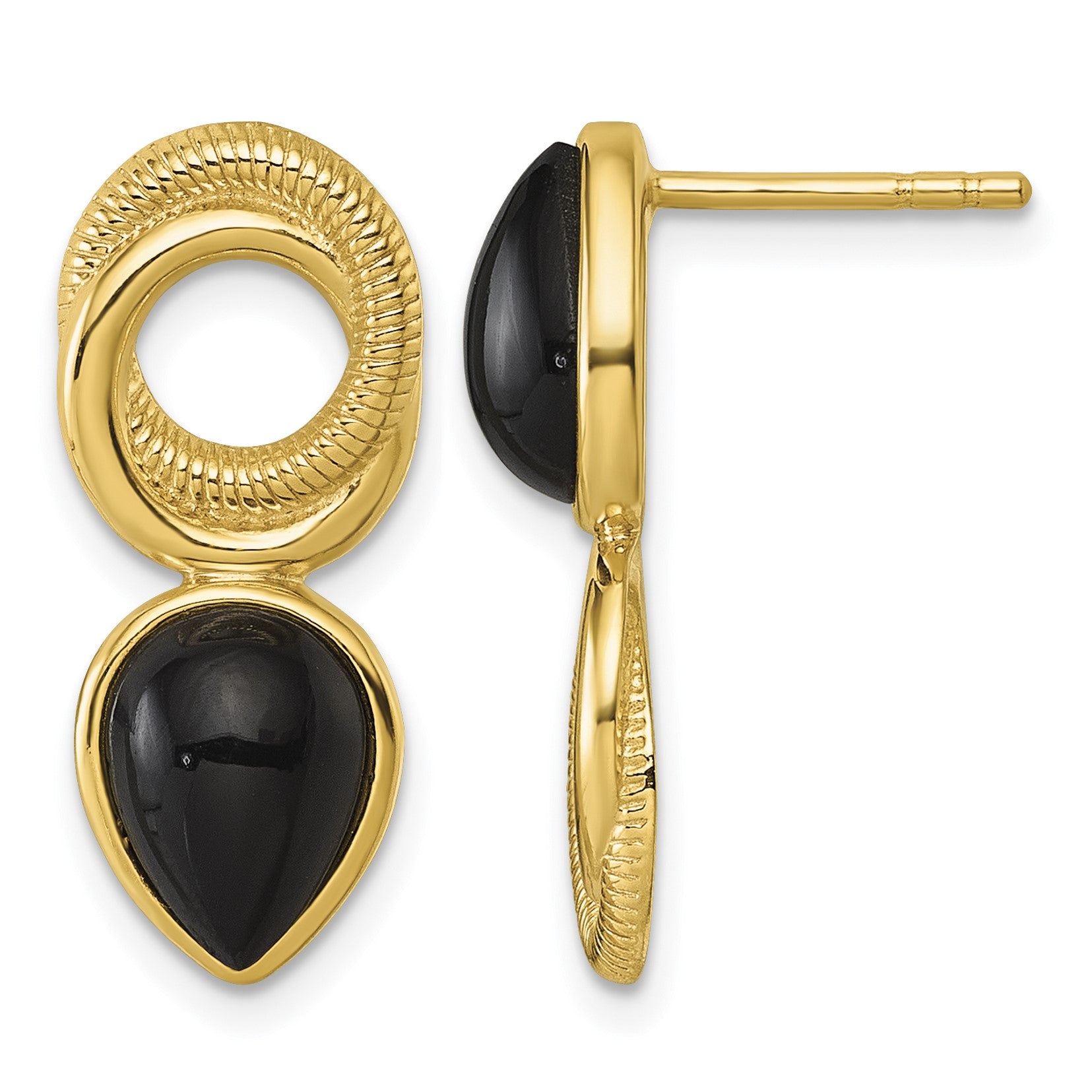 Sterling Silver Gold-tone Polished Black Agate Teardrop and Circle Mis-Matched Post Earrings