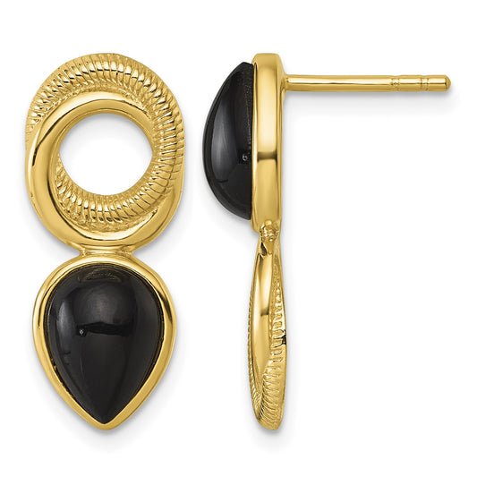 Sterling Silver Gold-tone Polished Black Agate Teardrop and Circle Mis-Matched Post Earrings