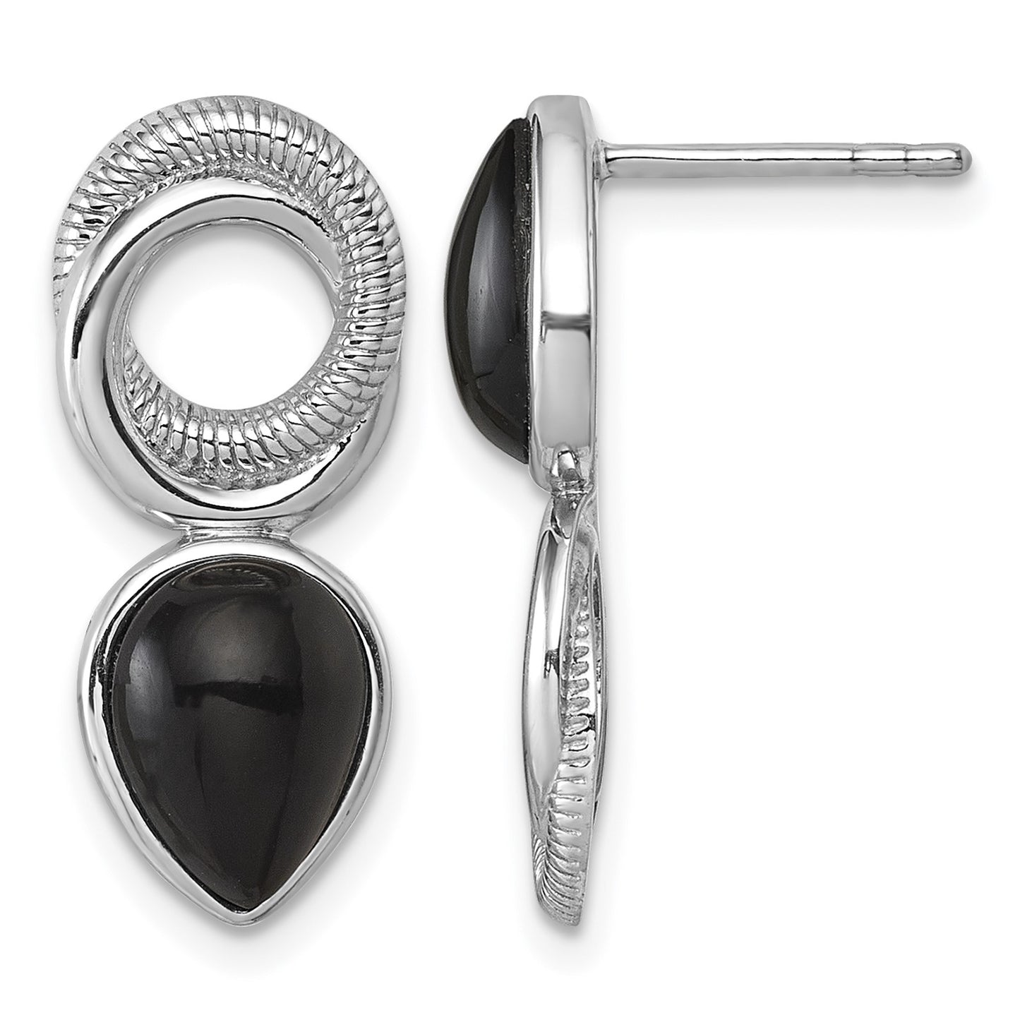 Sterling Silver Rhodium-plated Polished Black Agate Teardrop and Circle Mis-Matched Post Earrings