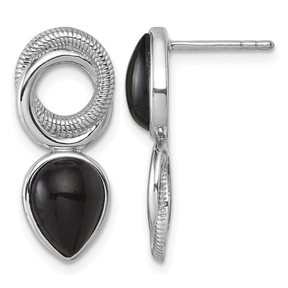 Sterling Silver Rhodium-plated Polished Black Agate Teardrop and Circle Mis-Matched Post Earrings