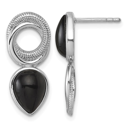 Sterling Silver Rhodium-plated Polished Black Agate Teardrop and Circle Mis-Matched Post Earrings