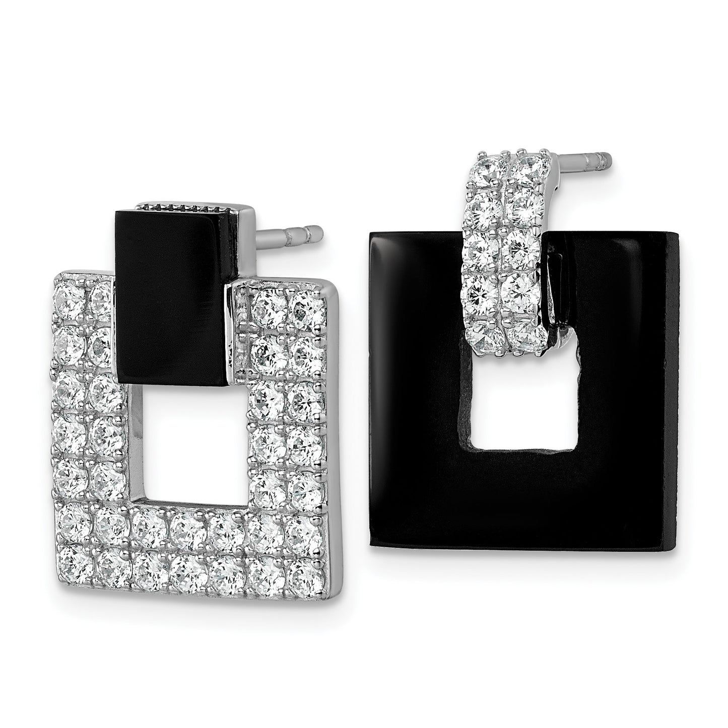 Sterling Silver Rhodium-plated Polished CZ  and Black Agate Square Dangle Mis-Matched Post Earrings