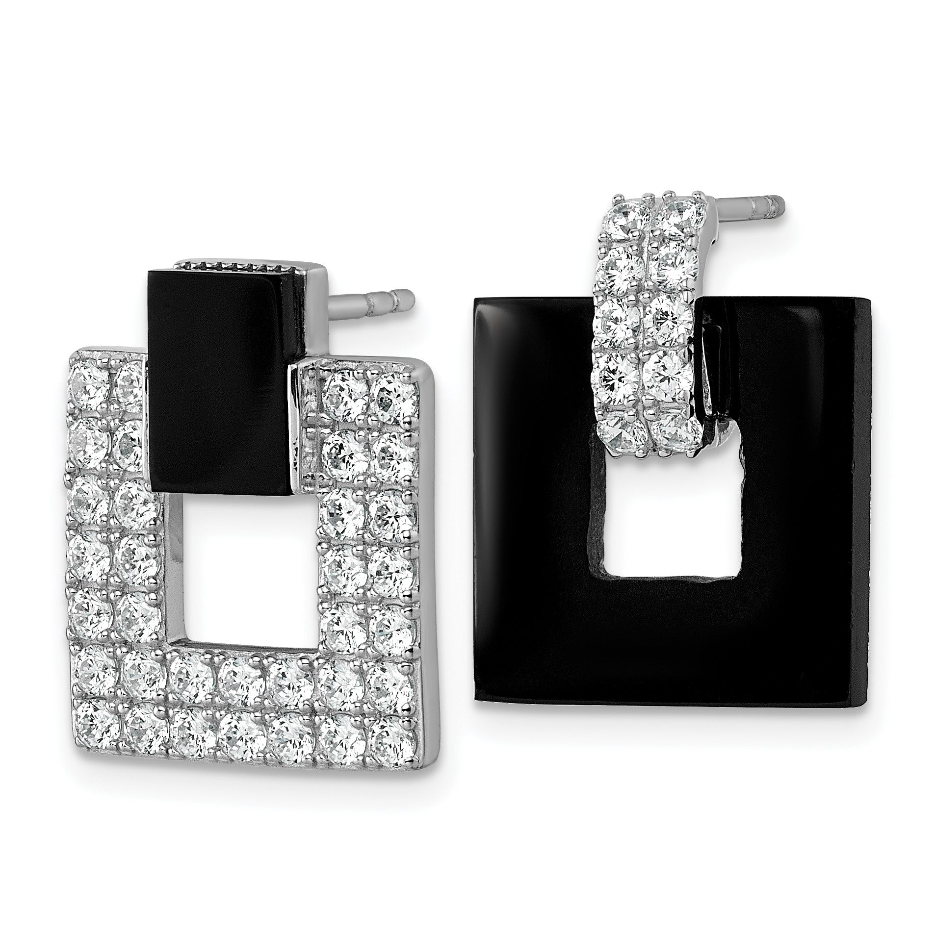 Sterling Silver Rhodium-plated Polished CZ  and Black Agate Square Dangle Mis-Matched Post Earrings