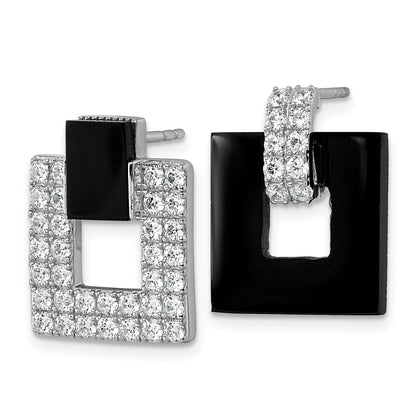 Sterling Silver Rhodium-plated Polished CZ  and Black Agate Square Dangle Mis-Matched Post Earrings