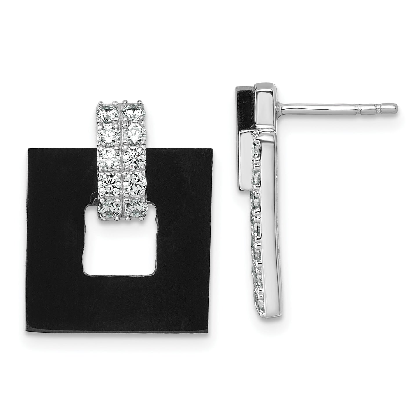 Sterling Silver Rhodium-plated Polished CZ  and Black Agate Square Dangle Mis-Matched Post Earrings