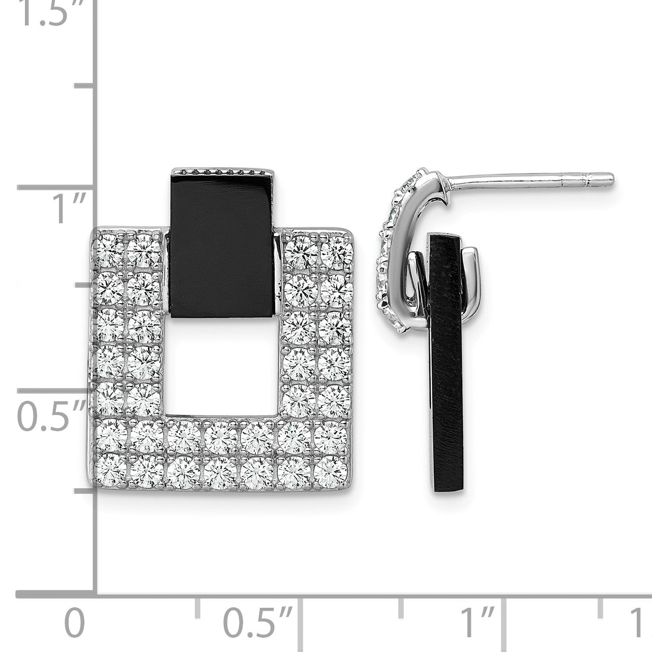 Sterling Silver Rhodium-plated Polished CZ  and Black Agate Square Dangle Mis-Matched Post Earrings