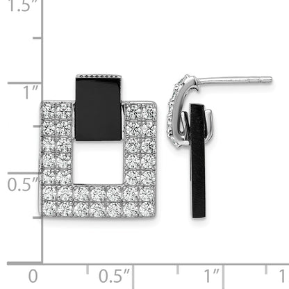 Sterling Silver Rhodium-plated Polished CZ  and Black Agate Square Dangle Mis-Matched Post Earrings