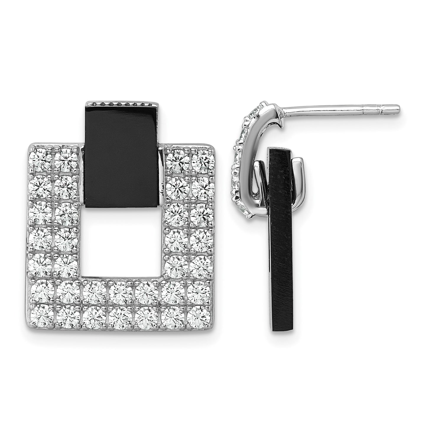 Sterling Silver Rhodium-plated Polished CZ  and Black Agate Square Dangle Mis-Matched Post Earrings