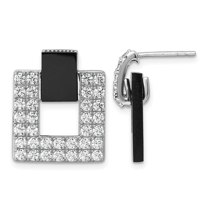 Sterling Silver Rhodium-plated Polished CZ  and Black Agate Square Dangle Mis-Matched Post Earrings