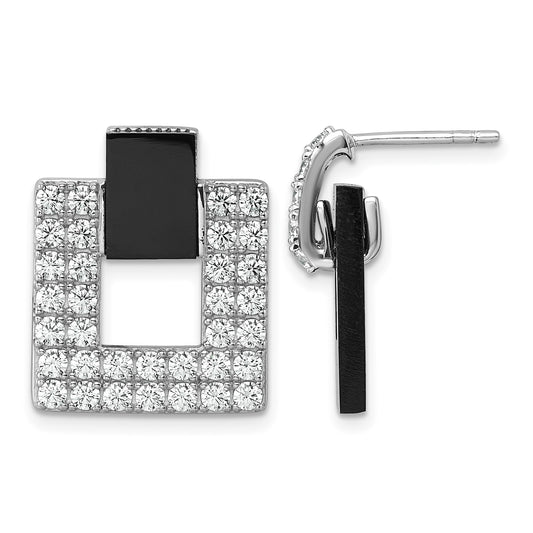 Sterling Silver Rhodium-plated Polished CZ  and Black Agate Square Dangle Mis-Matched Post Earrings