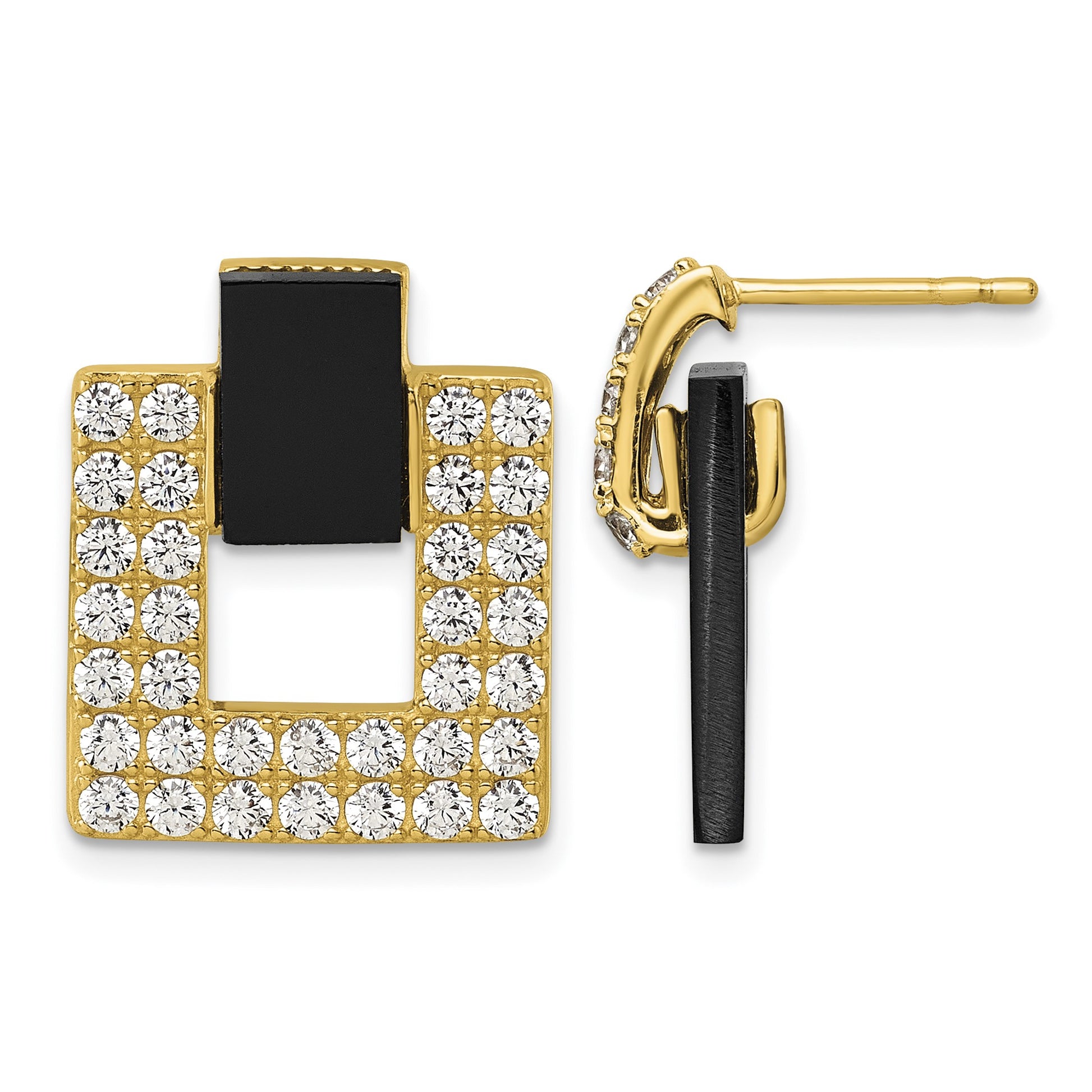 Sterling Silver Gold-tone Polished CZ and Black Agate Square Dangle Mis-Matched Post Earrings