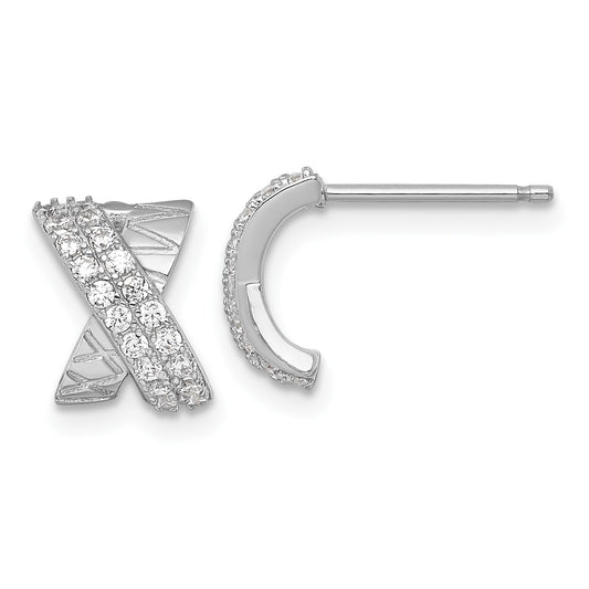 Sterling Silver Rhodium-plated Polished and Grooved -X- CZ Post Earrings